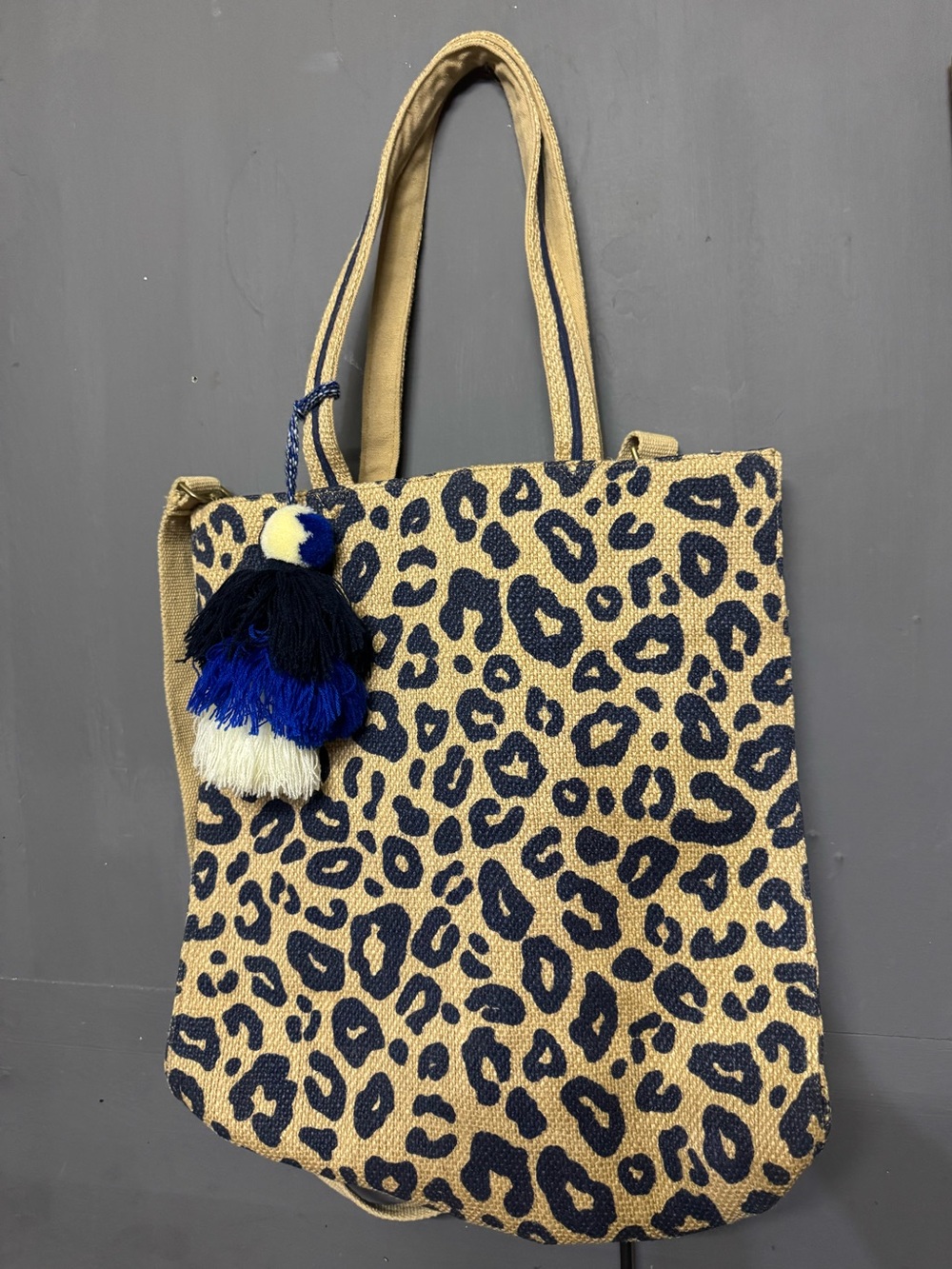 America & Beyond luxe leopard day jute tote cute tassel cheetah